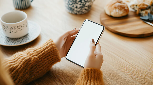 Woman hands in yellow sweater using phone or smartphone with white screen mockup with empty space for text sitting at table in cozy cafe. - Powered by Adobe