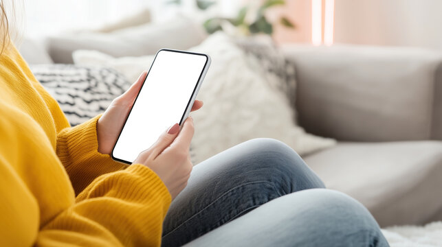 Woman hands in yellow sweater holding phone or smartphone with white screen mockup with empty space for text sitting in cozy room. Shopping online from home on cyber monday. - Powered by Adobe