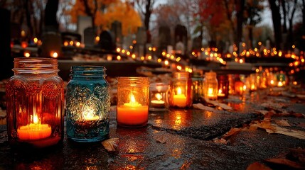 Cluster of candles burning in cemetery at All Saintsa?? Day, memory and community tribute