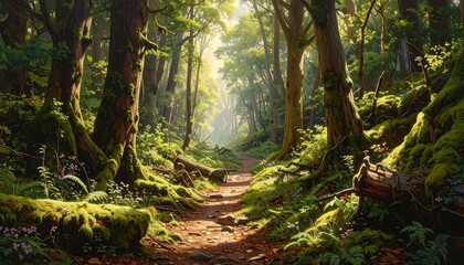 Obraz premium Enchanting forest pathway illuminated by sunlight, showcasing nature's tranquility