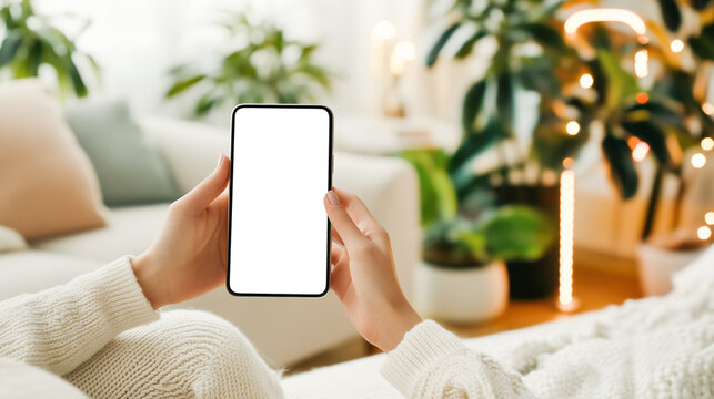Woman hands in sweater using phone or smartphone with white screen mockup with empty space for text sitting in cozy room with many flower pots. Shopping online from home on cyber monday.