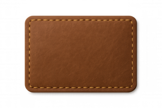 Realistic leather label with yellow stitching, perfect for branding and product design projects on transparent background