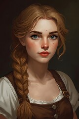 Fototapeta premium Detailed digital painting of a young woman with braided hair, soft natural lighting and realistic textures, evoking a classic portrait style with modern artistic illustration and fantasy character des
