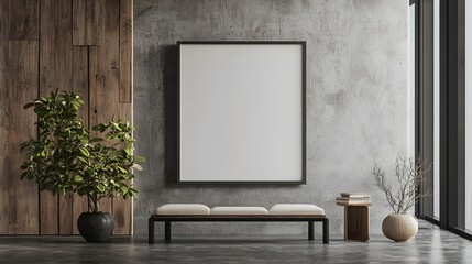 Modern loft interior with framed poster mockup on concrete wall. Wooden bench, indoor plants and soft lighting create industrial yet warm style