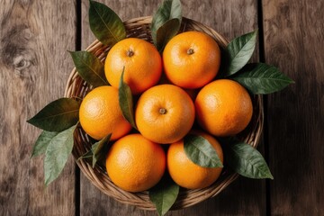 Tangerines (oranges, mandarins, clementines, citrus fruits) with leaves in basket on rustic wooden background, copy space