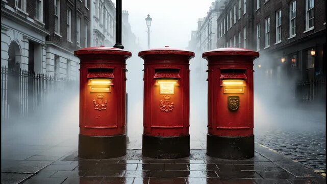 Three illuminated red mailboxes line a wet cobblestone London street shrouded in fog with buildings receding into the misty background