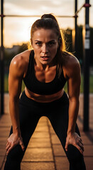 Naklejka premium A powerful, full-body portrait of a woman who has just finished a challenging workout or run. She is catching her breath, hands on her knees, looking directly at the camera with a look of fierce deter