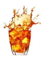 Splashing golden liquid drink with ice high from a glass on transparent background, ideal for beverage advertising and refreshment concept.