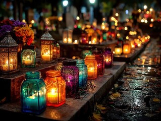 Colorful graveyard candles burning brightly at night during All Saintsa?? Day vigil