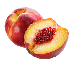 Two ripe peaches, one whole, one halved, displayed against a black background.  The whole peach and the peach half show vibrant reddish-pink skin with a soft, golden-yellow flesh.