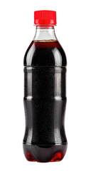 Dark-colored soda bottle with red cap