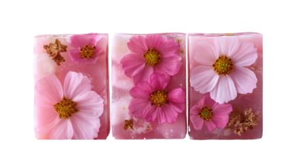 Three rectangular bars of soap, pale pink, decorated with pressed cosmos flowers