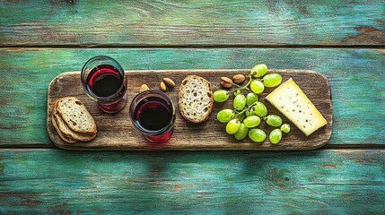 Rustic Wine and Cheese Platter on Textured Turquoise Wooden Table