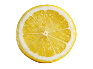 Close-up of a lemon slice, vibrant yellow segments radiating from the center, white pith