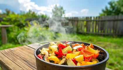 Colorful roasted vegetables in a cast iron pan, steaming outdoors