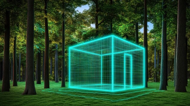 Glowing Cybernetic Structure in Lush Forest: Futuristic Concept Art