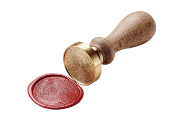 Close-up of a vintage-style sealing stamp with a red wax seal.  Wooden handle, brass base.  Isolated on black