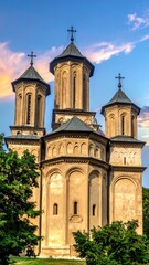 Ornate church facade at sunset