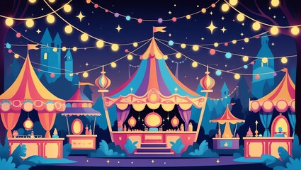 A vibrant circus tent and stalls illuminated by strings of lights at night