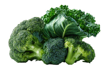 Close-up of fresh broccoli and kale.  Vibrant green heads of broccoli and kale, tightly clustered.  Healthy, fresh produce