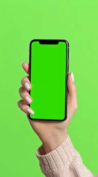 Woman's hand holding a smartphone with a green screen