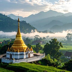 Golden pagoda in misty valley (1)