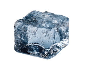 Obraz premium Close-up of a single, clear ice cube. It's a perfect square shape, with visible water pockets inside. The ice is translucent, showing light through it
