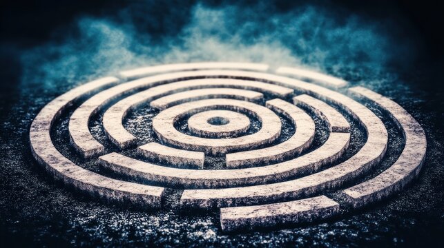 Intricate Circular Maze of Stone Steps, Mystical Ambiance