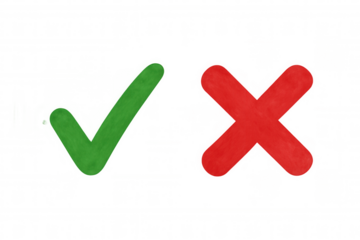 Green checkmark, red cross signaling correct/incorrect choices, contrasting validation symbols floating against transparent backdrop