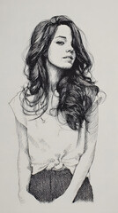 Fototapeta premium full body portrait of a young woman with long wavy hair in casual clothes