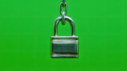 Close-up shot of a shiny silver padlock hanging from a chain against a green background.