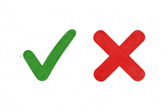 Green checkmark, red cross signaling correct/incorrect choices, contrasting validation symbols floating against transparent backdrop
