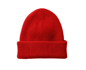 A vibrant red knitted beanie.  Solid color, ribbed texture.  Simple, classic design