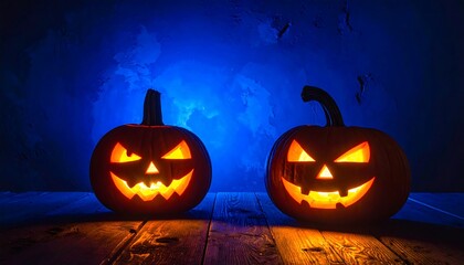 Spooky Halloween Night: Two Jack-o'-Lanterns Glowing on Wood Surface