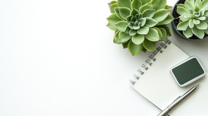 Minimalist Workspace: Succulents, Notebook, Pen, and Modern Aesthetic.