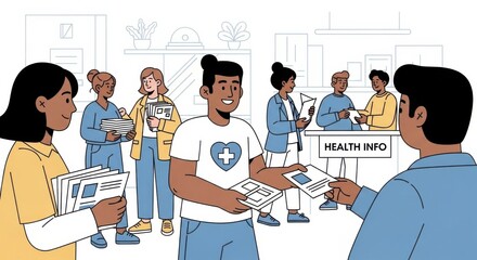Diverse group of people at a health information event, receiving and distributing flyers.