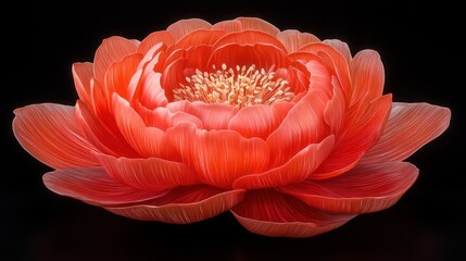 Vibrant Red Peony Flower Against Black Background, Detailed Petals, Artistic Rendering.