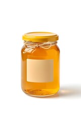 Glass jar filled with golden honey isolated on white background, mockup container with blank label for branding, natural sweet organic food product, template for design and advertising use
