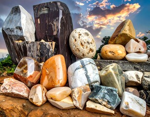 Colorful polished stones against sunset sky