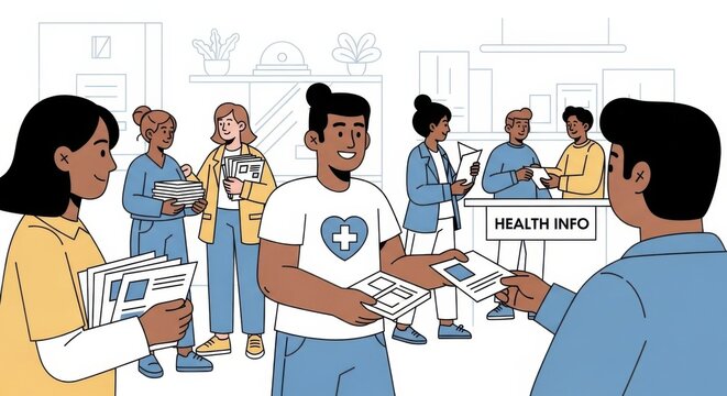 Diverse group of people at a health information event, receiving and distributing flyers.
