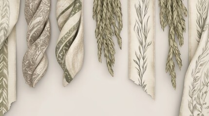 Elegant Textile Swatches with Botanical Prints and Natural Elements