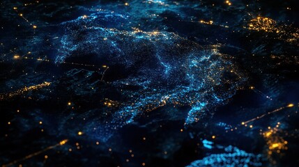 Abstract Glowing Blue and Gold Dots: Cosmic Landscape, Dark Background.