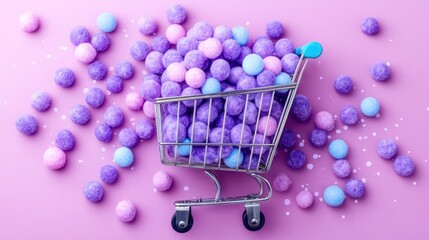 Pastel Purple Pom-Pom Shopping Spree: Miniature Cart Overflowing with Fluffy Balls on Lavender Background