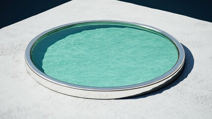 Circular Pool of Turquoise Water with Metallic Rim, Minimalist Design.