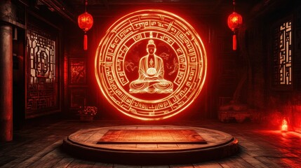 Illuminated Buddha in Glowing Mandala, Red Lanterns, Meditation Room, Mystical Ambiance.