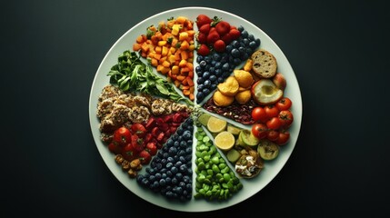 Vibrant Food Wheel: A Colorful Array of Healthy Delights on White Plate