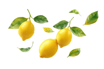 Fresh lemons with leaves, vibrant yellow fruit, green foliage, a high-resolution image, digitally enhanced