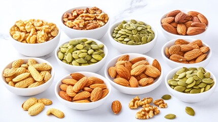 Assortment of Healthy Nuts in White Bowls, Overhead View, Food Photography.