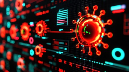 Glowing Virus Simulation: Red and Teal Data Visualization on Black Background