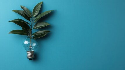 Green Leaves Growing From Lightbulb on Teal Background, Eco Concept.